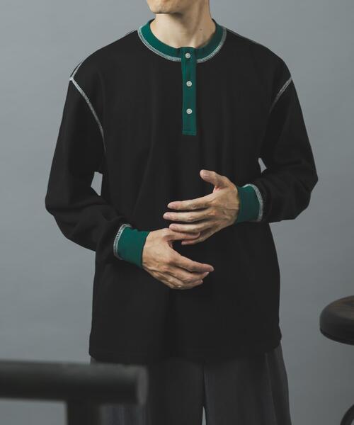 ITEMS URBANRESEARCH(アイテムズ アーバンリサーチ)の「配色ワッフルヘンリーネックカットソー(Tシャツ/カットソー・メンズ・モカ/チャコールグレー/ブラック/アイボリー・LARGE/MEDIUM)」の1枚目の写真