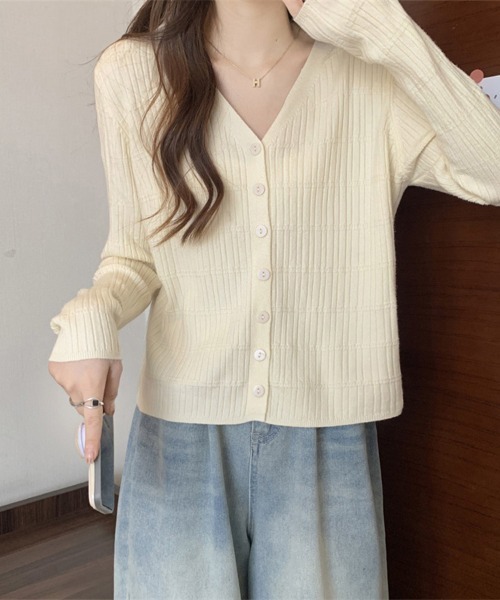 ONEP STAR(ワンピスター)の「リブ編みVネック長袖ニットカーディガン(カーディガン/ボレロ・レディース・ブラック/ベージュ・FREE)」の3枚目の写真