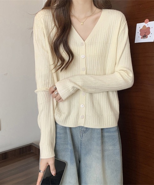 ONEP STAR(ワンピスター)の「リブ編みVネック長袖ニットカーディガン(カーディガン/ボレロ・レディース・ブラック/ベージュ・FREE)」の7枚目の写真