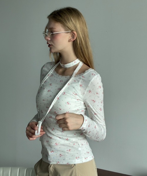 Birthday room(バースデイルーム)の「タイ付き花柄T/Floral T-shirt with tie detail(Tシャツ/カットソー・レディース・ブラウン/ピンク・FREE)」の6枚目の写真