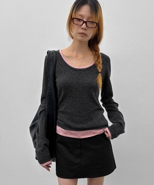 BLACKUP（ブラックアップ）の「[MADE]  バシニーレイヤードUネックニットT（ニット/セーター・レディース・グレー/チャコール/ブラウン・FREE）」の2枚目の写真
