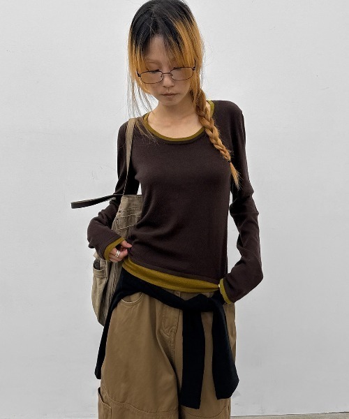 BLACKUP（ブラックアップ）の「[MADE]  バシニーレイヤードUネックニットT（ニット/セーター・レディース・グレー/チャコール/ブラウン・FREE）」の6枚目の写真