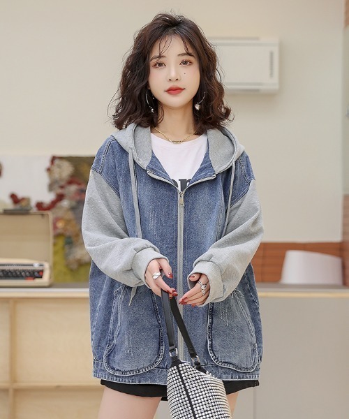 witch(ウイッチ)の「デニム ジャケットレフード付き 長袖羽織 ゆったり ジージャン(デニムジャケット・レディース・ブルー・M/L/XL)」の7枚目の写真