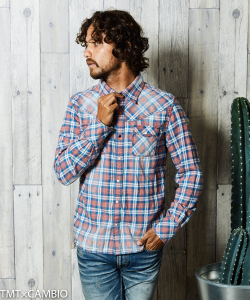 特価TMT ライトブルーデニムシャツS tmt インディゴチェック シャツ