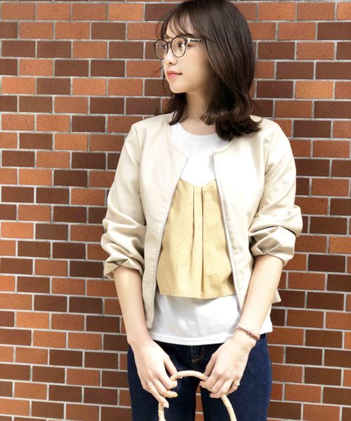 PICCIN（ピッチン）の「フェイクレザーリブ切り替えボリューム袖ジャケット（ライダースジャケット・レディース・ブラック/ベージュ/ピンク・MEDIUM/LARGE）」の3枚目の写真