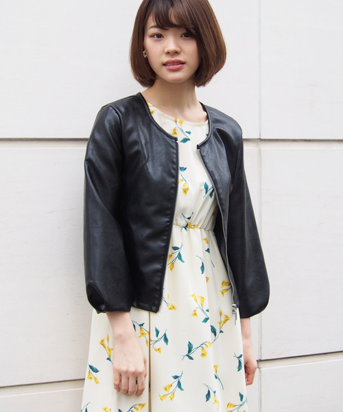 PICCIN（ピッチン）の「フェイクレザーリブ切り替えボリューム袖ジャケット（ライダースジャケット・レディース・ブラック/ベージュ/ピンク・MEDIUM/LARGE）」の2枚目の写真