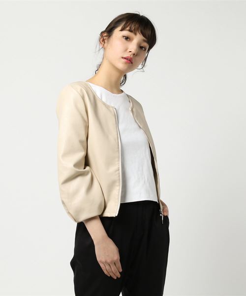 PICCIN（ピッチン）の「フェイクレザーリブ切り替えボリューム袖ジャケット（ライダースジャケット・レディース・ブラック/ベージュ/ピンク・MEDIUM/LARGE）」の22枚目の写真