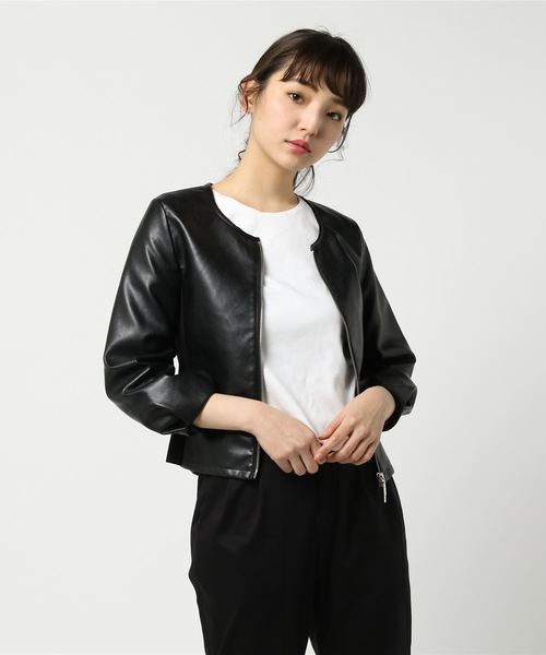 PICCIN（ピッチン）の「フェイクレザーリブ切り替えボリューム袖ジャケット（ライダースジャケット・レディース・ブラック/ベージュ/ピンク・MEDIUM/LARGE）」の21枚目の写真