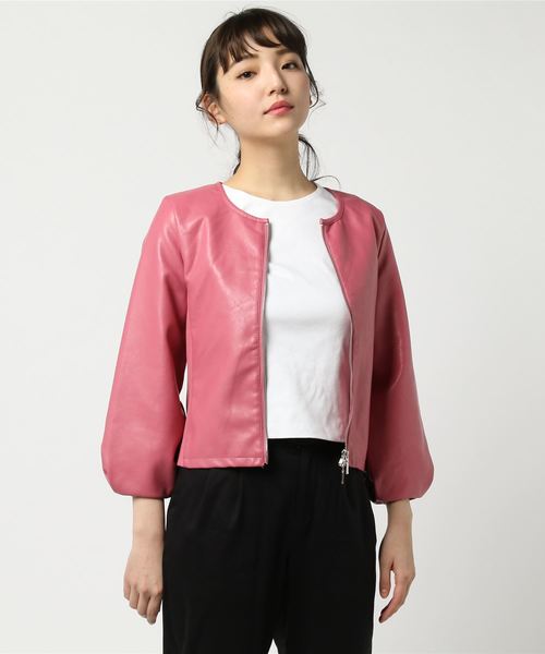 PICCIN（ピッチン）の「フェイクレザーリブ切り替えボリューム袖ジャケット（ライダースジャケット・レディース・ブラック/ベージュ/ピンク・MEDIUM/LARGE）」の20枚目の写真