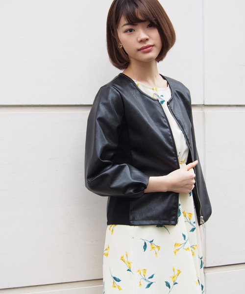 PICCIN（ピッチン）の「フェイクレザーリブ切り替えボリューム袖ジャケット（ライダースジャケット・レディース・ブラック/ベージュ/ピンク・MEDIUM/LARGE）」の15枚目の写真