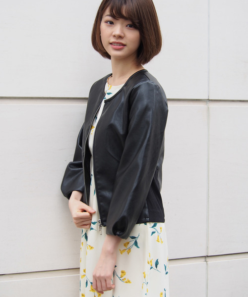 PICCIN（ピッチン）の「フェイクレザーリブ切り替えボリューム袖ジャケット（ライダースジャケット・レディース・ブラック/ベージュ/ピンク・MEDIUM/LARGE）」の14枚目の写真