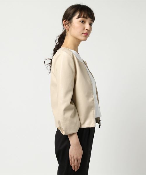 PICCIN（ピッチン）の「フェイクレザーリブ切り替えボリューム袖ジャケット（ライダースジャケット・レディース・ブラック/ベージュ/ピンク・MEDIUM/LARGE）」の5枚目の写真