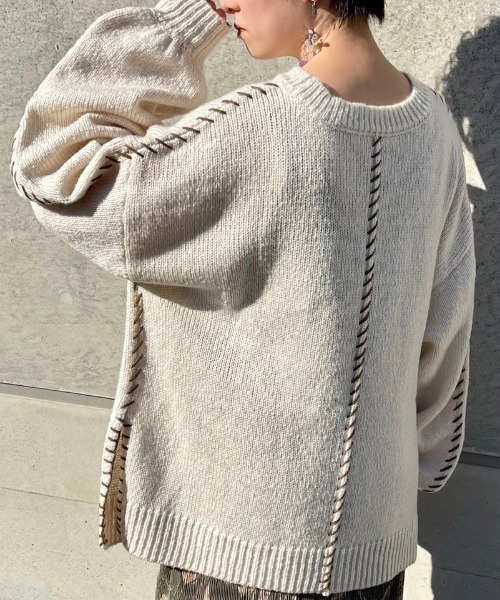 Ambre Neige(アンブルネージュ)の「ステッチデザインニット/【WEB/EC限定商品】(ニット/セーター・レディース・アイボリー/ラベンダー/ブラウン系その他・FREE)」の1枚目の写真