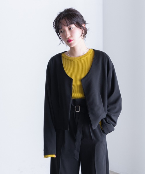 happy john ノーカラータックブルゾン ハイウエストパンツ セットアップ Happy John（ハッピージョン）の「ノーカラータックブルゾン