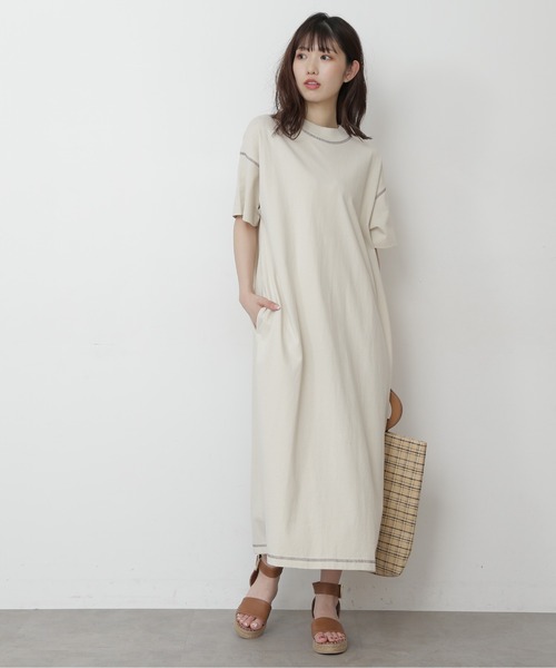 FREE'S MART（フリーズマート）の「◆モックネック配色ステッチカットソーワンピース（ワンピース・レディース・ホワイト/ブラック/ブラウン・FREE）」の4枚目の写真