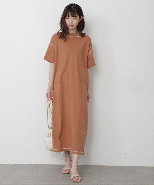 FREE'S MART（フリーズマート）の「◆モックネック配色ステッチカットソーワンピース（ワンピース・レディース・ホワイト/ブラック/ブラウン・FREE）」の8枚目の写真