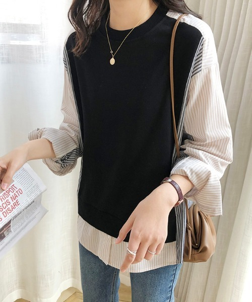 emi+(エミプラス)の「レイヤード風ドッキングストライプシャツ(Tシャツ/カットソー・レディース・ブラック/ホワイト・FREE)」の12枚目の写真