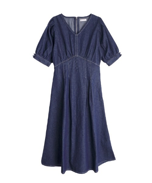 axes femme デニムブルー Vネック ロングワンピース axes femme アクシーズファム Vネックロングデニムワンピース