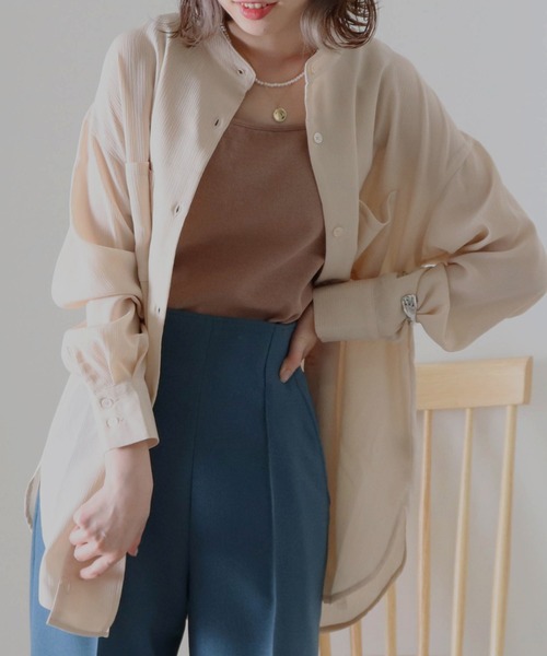 Cheek（チーク）の「楊柳バンドカラーシャツ（シャツ/ブラウス・レディース・ブラウン/グリーン/アイボリー・MEDIUM）」の2枚目の写真