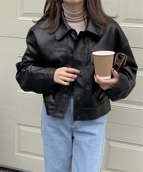 Dream garden（ドリームガーデン）の「ヴィーガンレザーブルゾン（ライダースジャケット・レディース・ブラック/キャメル・FREE）」の2枚目の写真