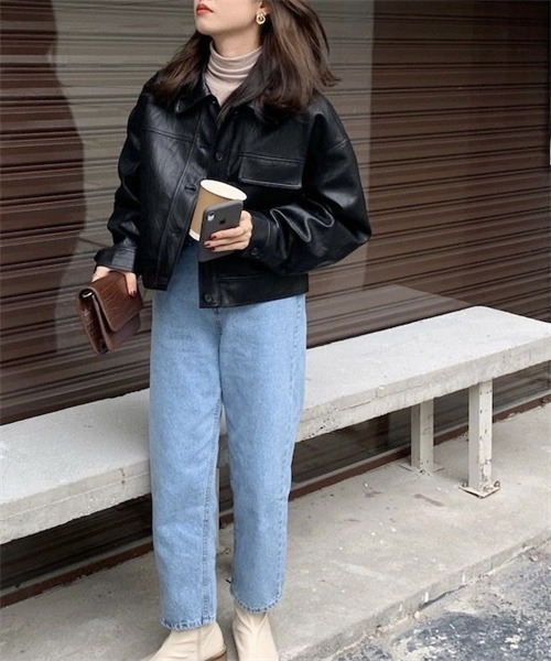 Dream garden（ドリームガーデン）の「ヴィーガンレザーブルゾン（ライダースジャケット・レディース・ブラック/キャメル・FREE）」の5枚目の写真