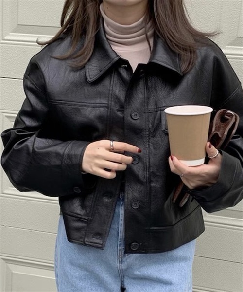 Dream garden（ドリームガーデン）の「ヴィーガンレザーブルゾン（ライダースジャケット・レディース・ブラック/キャメル・FREE）」の8枚目の写真