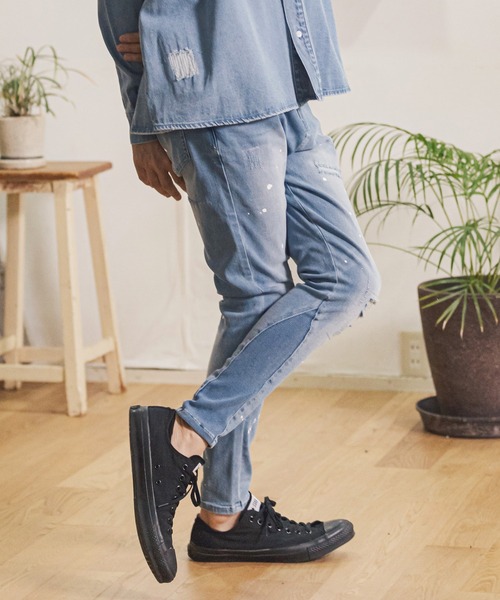 CAMBIO（カンビオ）の「mp9712- Damage Paint  Stretch Denim Hem Rib Pants デニムパンツ（デニムパンツ・メンズ・ブラック/インディゴブルー/ダークインディゴブルー・S/M/L）」の2枚目の写真
