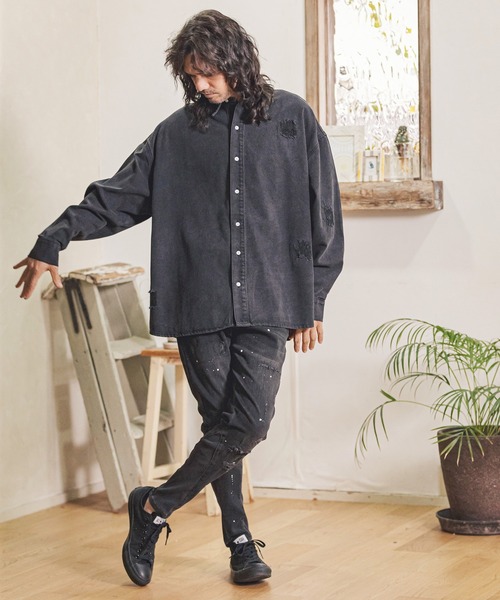 セール】mp9712- Damage Paint Stretch Denim Hem Rib Pants