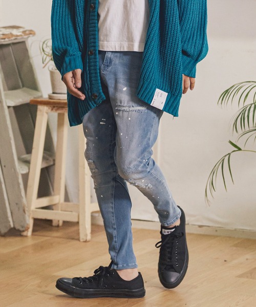 セール】mp9712- Damage Paint Stretch Denim Hem Rib Pants