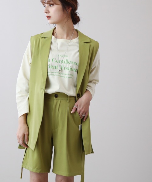 frames RAY CASSIN（フレームスレイカズン）の「WEB限定 タック入りバミューダパンツ セットアップ着用可（その他パンツ・レディース・イエロー×グリーン/ピンク/ブラック/アイボリー・FREE）」の4枚目の写真