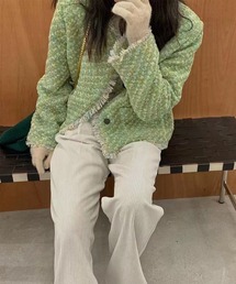 me+em select | ノーカラーフリンジツイードジャケット【暖】(ノーカラージャケット)