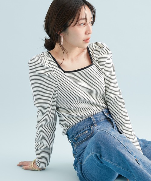 VIS（ビス）の「【前後2WAY】ボーダー/無地スクエアネックリブプルオーバー（Tシャツ/カットソー・レディース・ブラック/キナリ/ブラック系その他3/ブルー系その他6・FREE）」の3枚目の写真