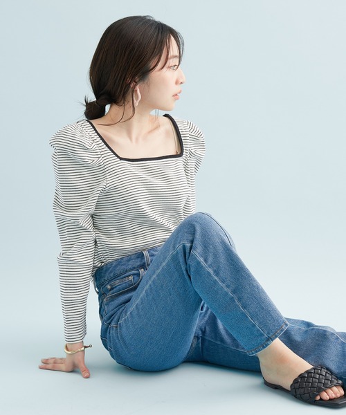 VIS（ビス）の「【前後2WAY】ボーダー/無地スクエアネックリブプルオーバー（Tシャツ/カットソー・レディース・ブラック/キナリ/ブラック系その他3/ブルー系その他6・FREE）」の7枚目の写真