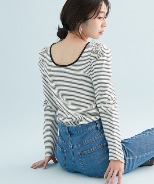 VIS（ビス）の「【前後2WAY】ボーダー/無地スクエアネックリブプルオーバー（Tシャツ/カットソー・レディース・ブラック/キナリ/ブラック系その他3/ブルー系その他6・FREE）」の8枚目の写真