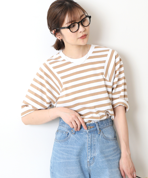 SLOBE IENA(スローブイエナ)の「【JUST FEMALE/ジャストフィーメイル 】 ボーダーカットソー(Tシャツ/カットソー・レディース・ベージュ/ブルー・FREE)」の7枚目の写真