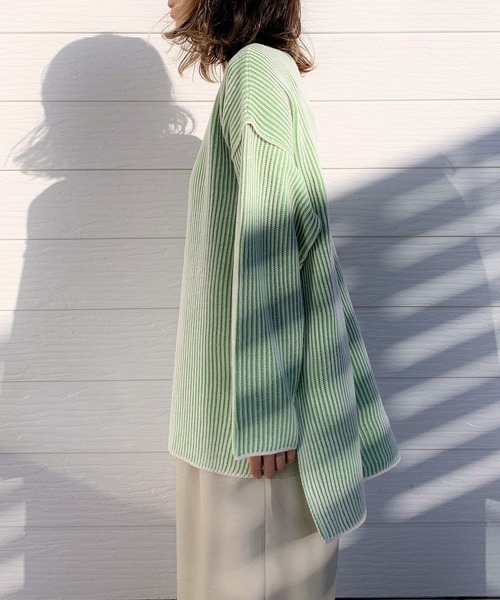 Q（キュー）の「両畦ストライプリバーニット（ニット/セーター・レディース・ベージュ系/黄緑系・MEDIUM）」の11枚目の写真