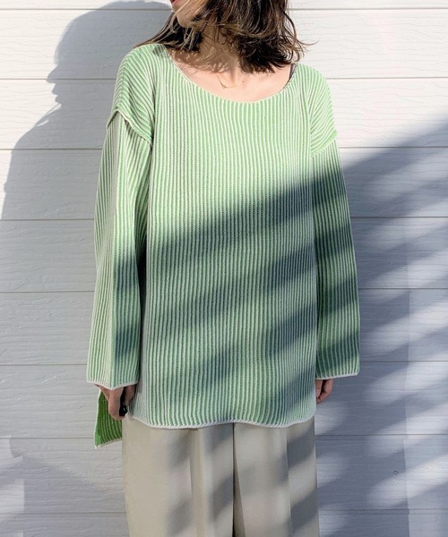 Q（キュー）の「両畦ストライプリバーニット（ニット/セーター・レディース・ベージュ系/黄緑系・MEDIUM）」の17枚目の写真