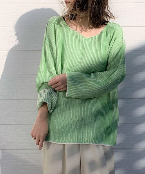 Q（キュー）の「両畦ストライプリバーニット（ニット/セーター・レディース・ベージュ系/黄緑系・MEDIUM）」の3枚目の写真