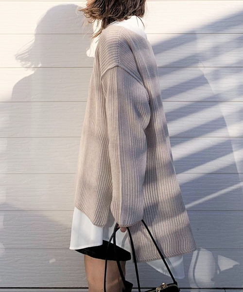 Q（キュー）の「両畦ストライプリバーニット（ニット/セーター・レディース・ベージュ系/黄緑系・MEDIUM）」の10枚目の写真