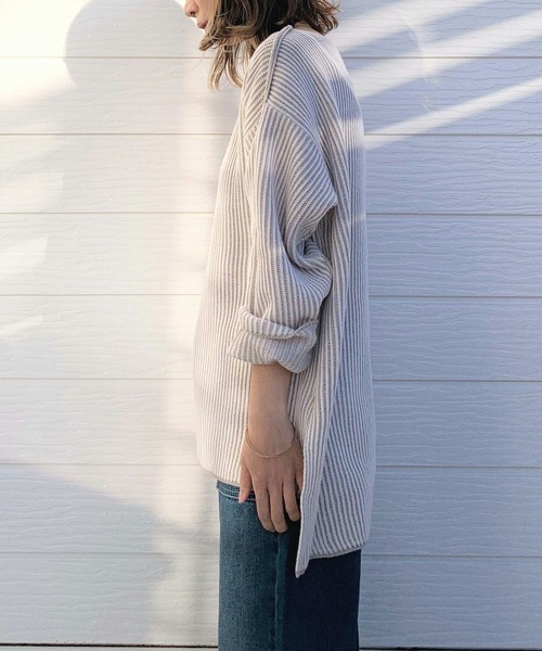 Q（キュー）の「両畦ストライプリバーニット（ニット/セーター・レディース・ベージュ系/黄緑系・MEDIUM）」の6枚目の写真