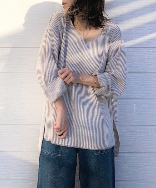 Q（キュー）の「両畦ストライプリバーニット（ニット/セーター・レディース・ベージュ系/黄緑系・MEDIUM）」の4枚目の写真