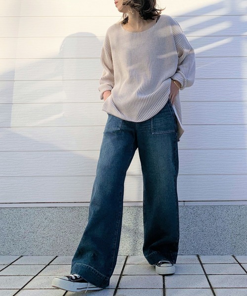 Q（キュー）の「両畦ストライプリバーニット（ニット/セーター・レディース・ベージュ系/黄緑系・MEDIUM）」の19枚目の写真