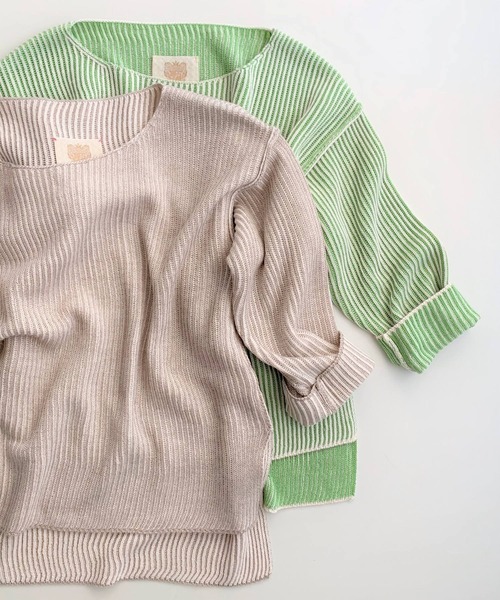 Q（キュー）の「両畦ストライプリバーニット（ニット/セーター・レディース・ベージュ系/黄緑系・MEDIUM）」の18枚目の写真