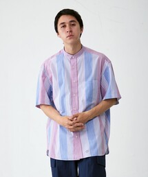 【UNISEX】マルチストライプバンドカラー シャツ