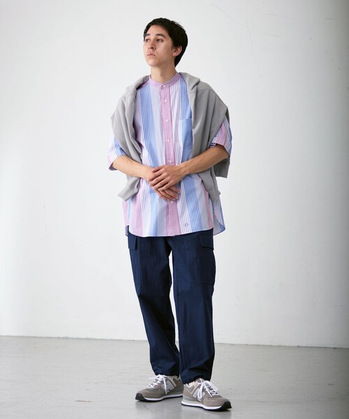 セール】【UNISEX】マルチストライプバンドカラー シャツ