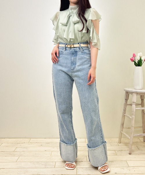 INGNI（イング）の「ラメシアーオープンショルダーフリルブラウス（シャツ/ブラウス・レディース・ミント/オフホワイト/ピンク・M）」の9枚目の写真