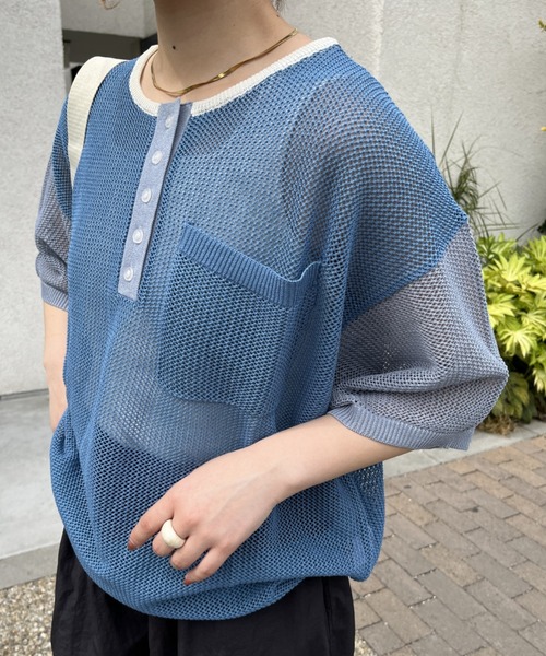 nemne store(ネンネストア)の「【低身長用サイズあり】ヘンリーネックメッシュニットTシャツ(Tシャツ/カットソー・レディース・アイボリー/ブルー/グリーン・SMALL/MEDIUM)」の6枚目の写真