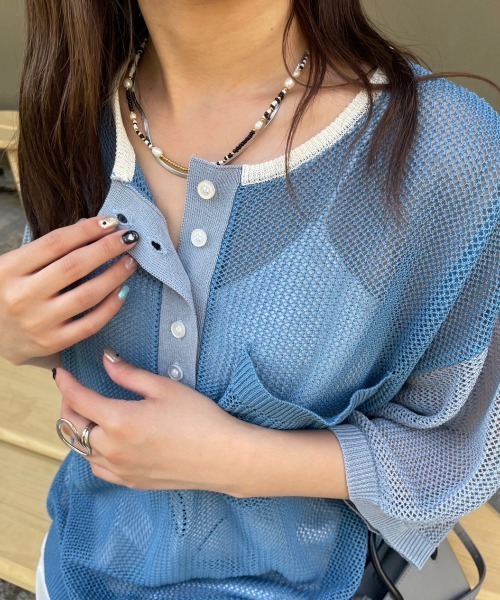 nemne store(ネンネストア)の「【低身長用サイズあり】ヘンリーネックメッシュニットTシャツ(Tシャツ/カットソー・レディース・アイボリー/ブルー/グリーン・SMALL/MEDIUM)」の9枚目の写真