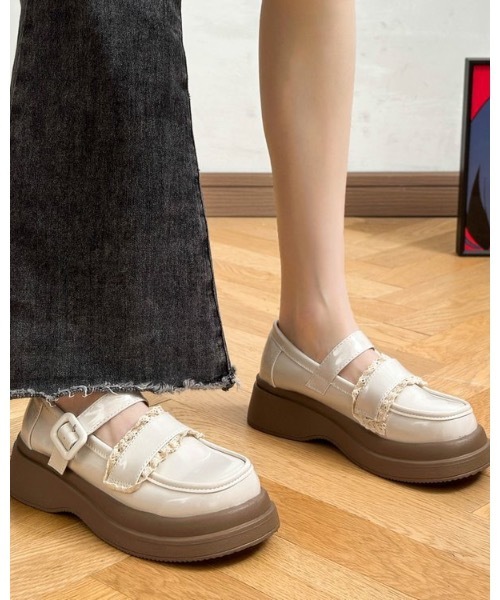Burner(バーナー)の「【OKUOKU 0909】厚底 レースデザイン ストラップ ローファー oku-shoes-721273277613-38 M(ローファー・レディース・アイボリー/ブラック・36/38/40)」の7枚目の写真