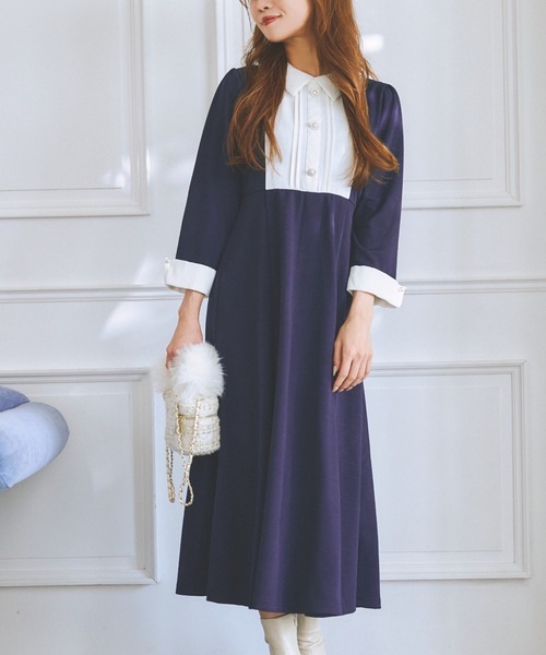 パールビジュー飾り釦付きヨーク切り替え配色ワンピース（ワンピース